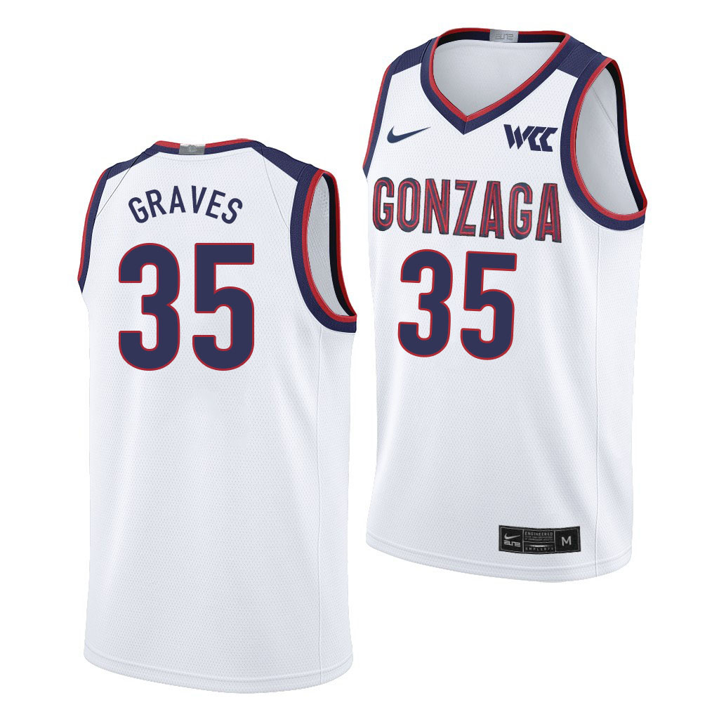 Men #35 Will Graves Gonzaga Bulldogs College Basketball Jerseys Sale-White - Click Image to Close